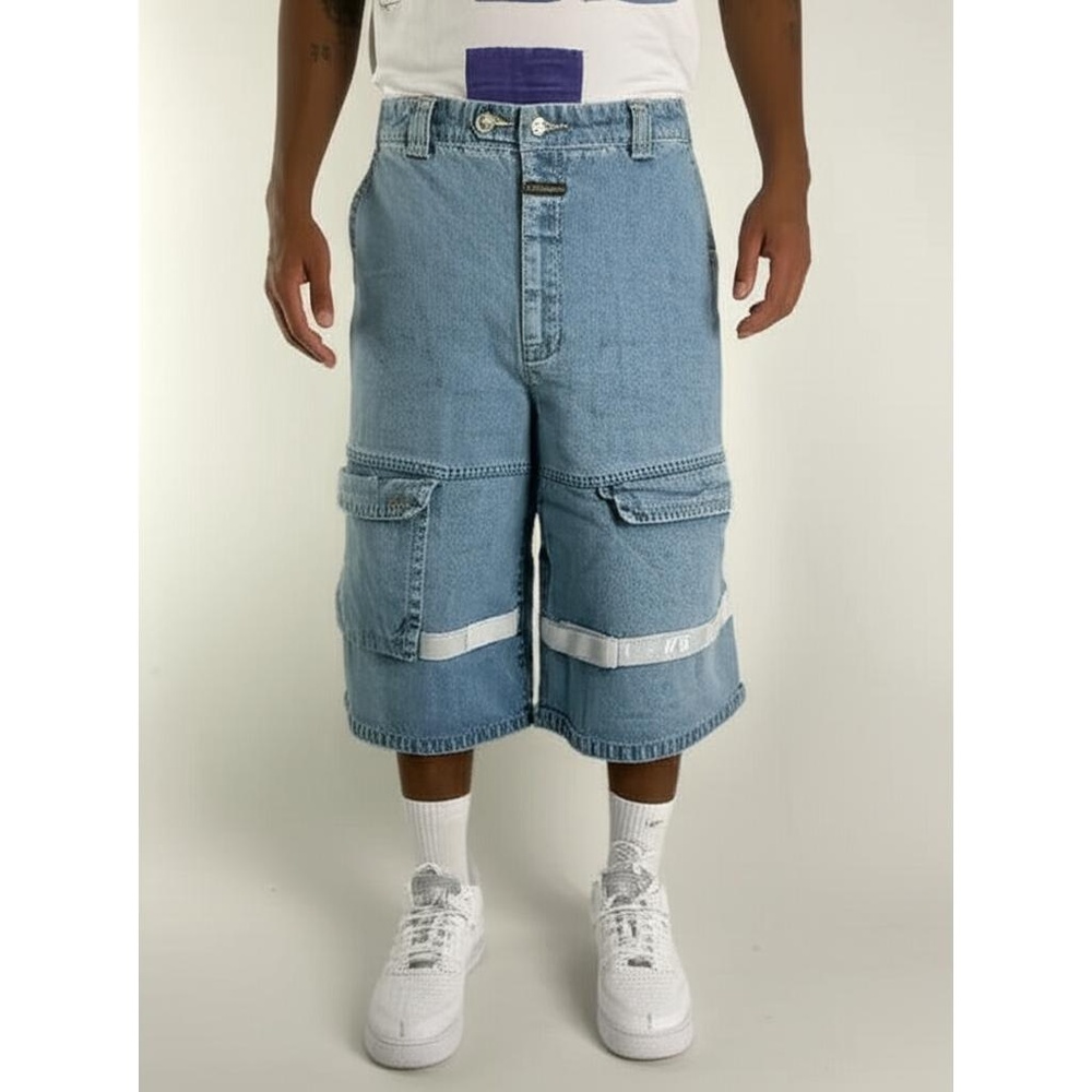 M+FG Light Blue Denim Cargo Strap Y2K Baggy Shorts Size 42